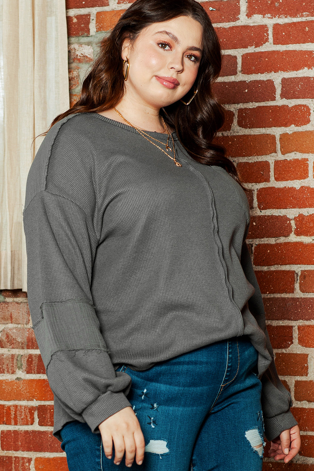 Dark Grey Plus Size Exposed Seam Crinkle Patchwork Top