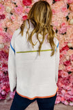 White Colorful Edge Quarter Zip Drop Shoulder Sweater