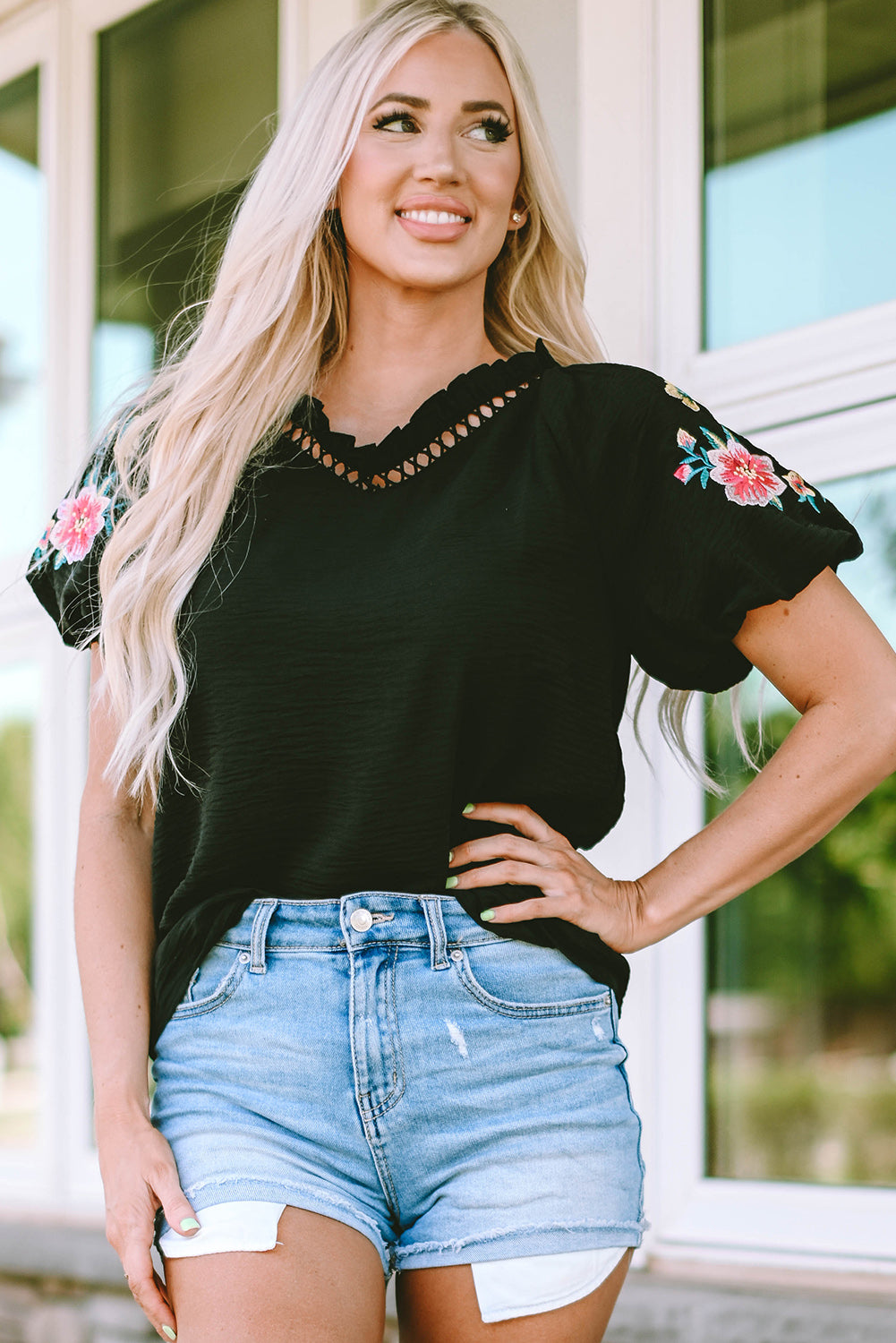 Floral Embroidered Bubble Sleeve Frill V Neck Top