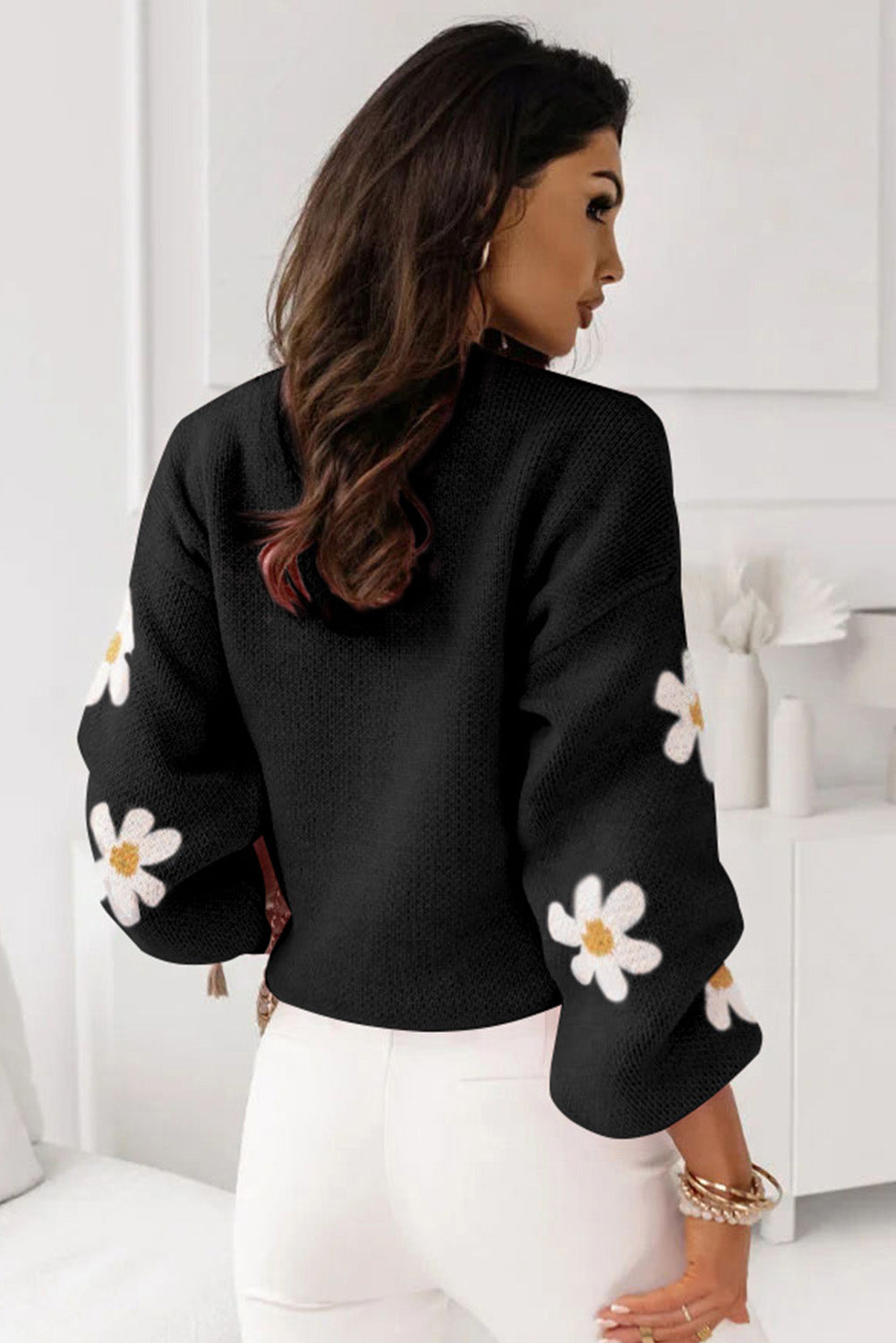 Black Floral Pattern Drop Shoulder Sweater