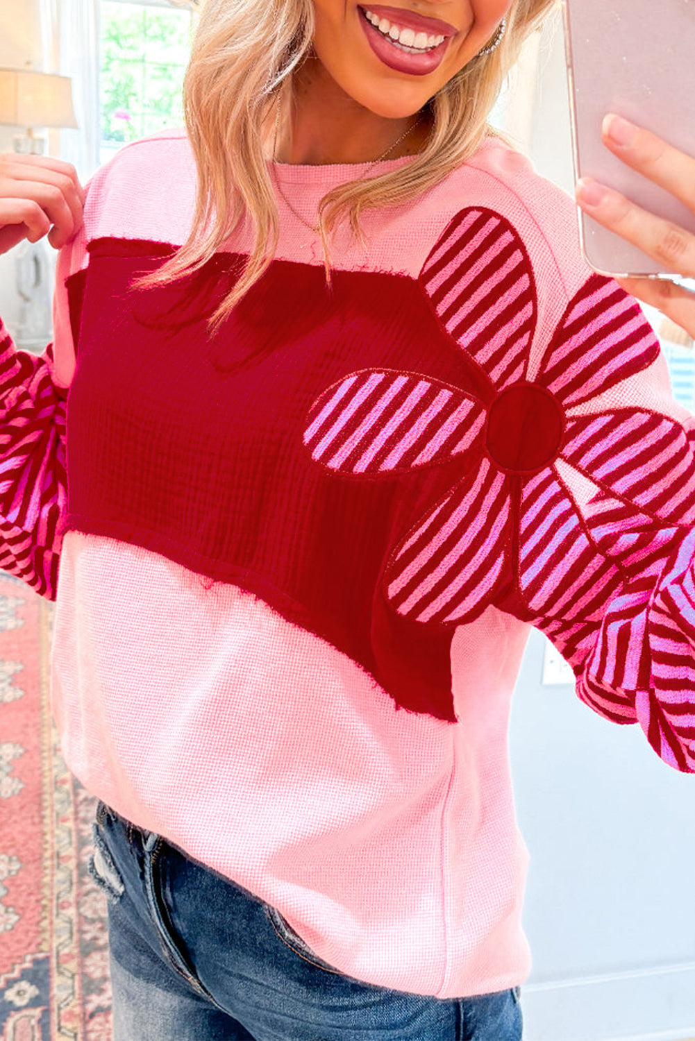 Pink Floral Patch Color Block Striped Sleeve Textured Top