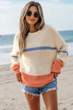 Beige Colorblock Striped Drop Shoulder Cozy Sweater