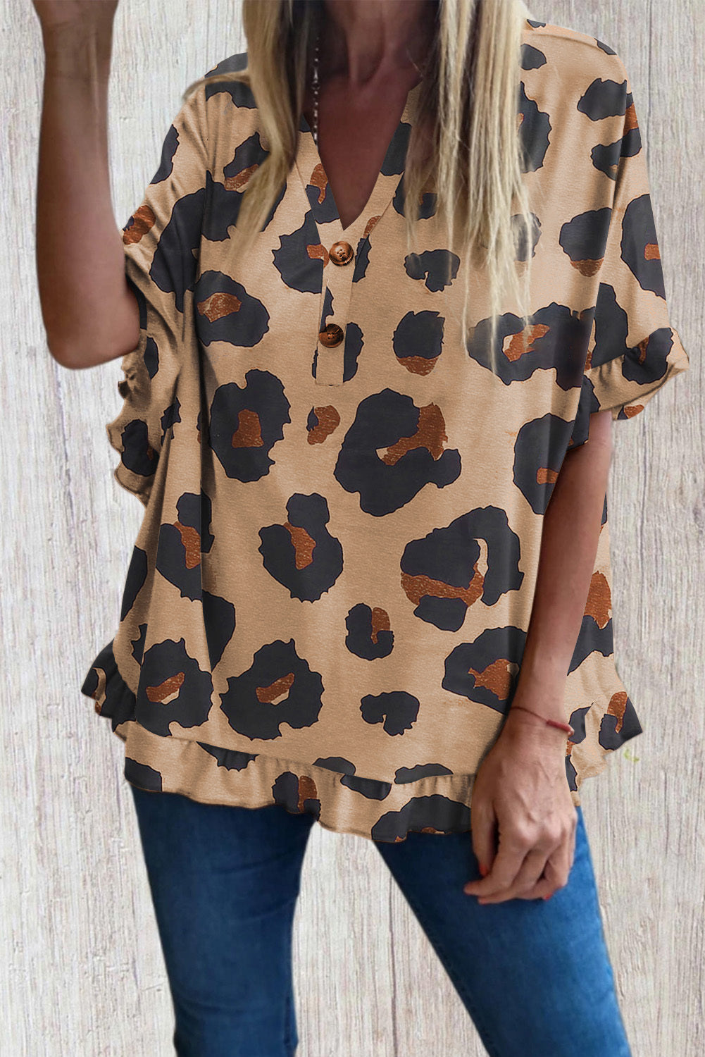 Leopard Print Ruffled Buttoned V Neck Top