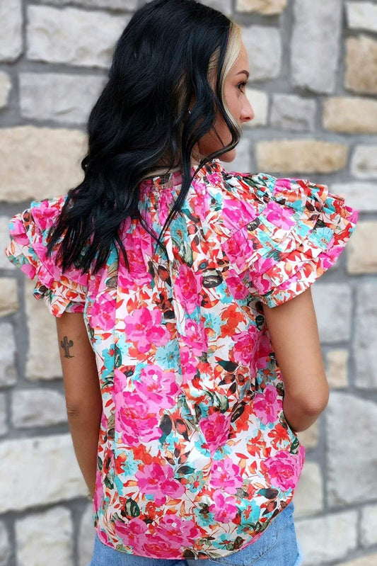 Rose Ruffle Flutter Sleeve Floral Print Blouse