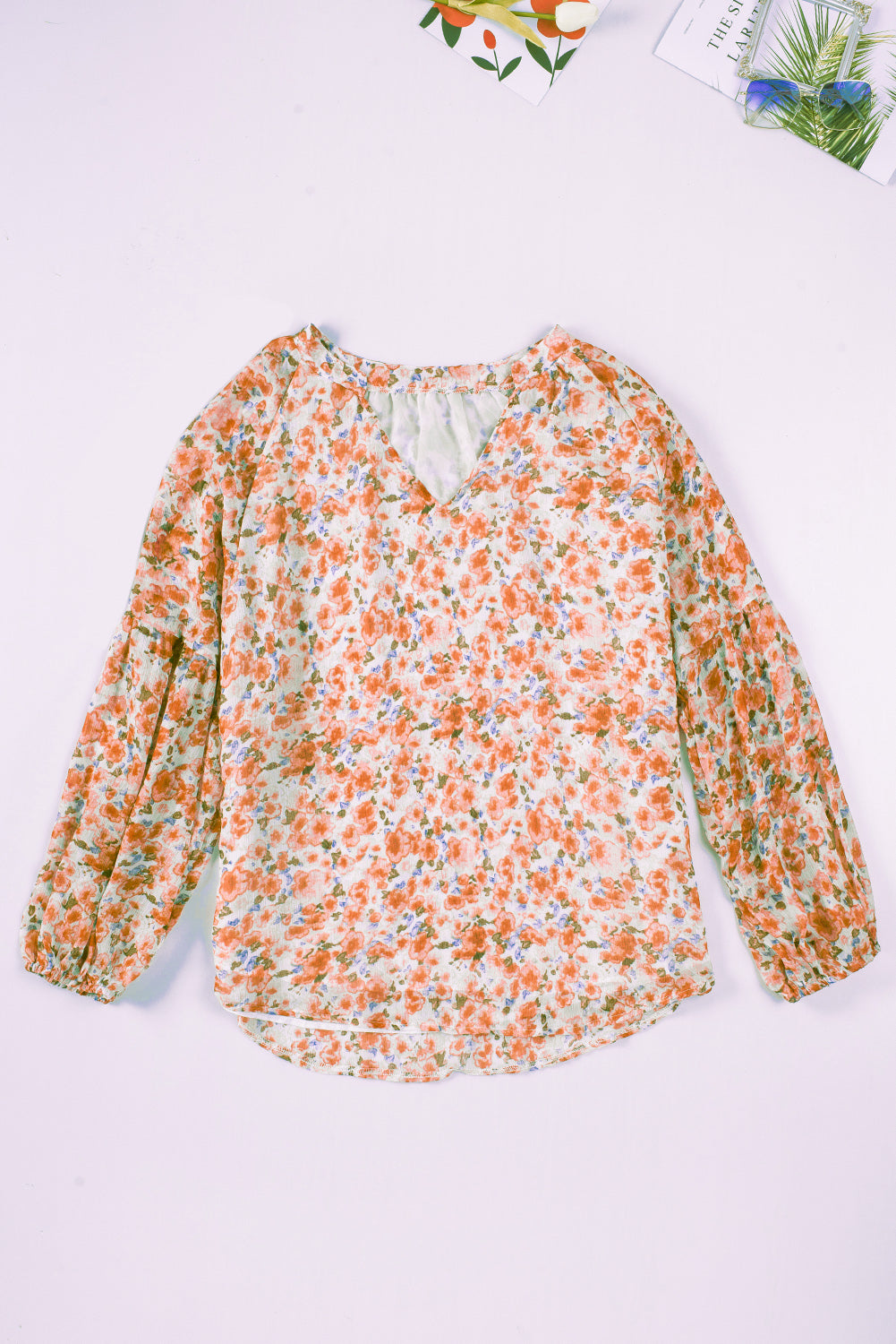 Green Floral Print V Neck Long Puff Sleeve Top