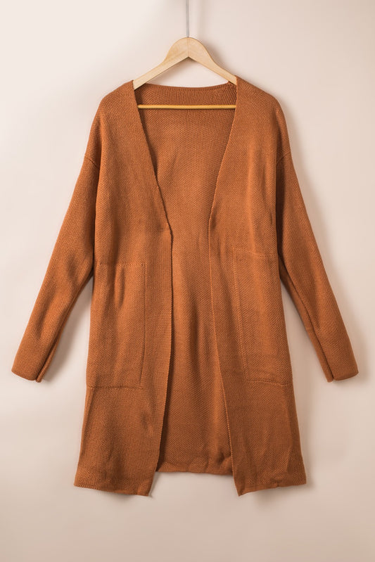 Cardigan long marron uni ouvert sur le devant à manches tombantes