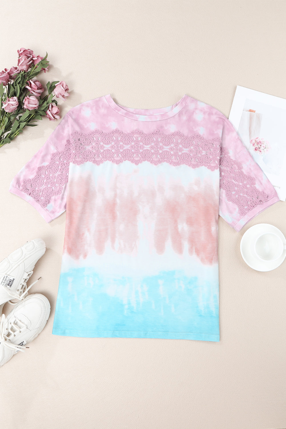 Lace Stitching Tie-dye Short Sleeve T Shirt