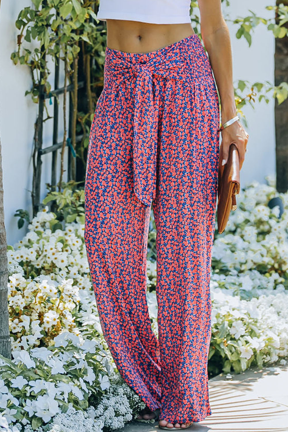 Ditsy Floral Print Tie Front Wide Leg Pants