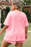 Pink Plus Size Ribbed Exposed Seam Tee and Shorts Set