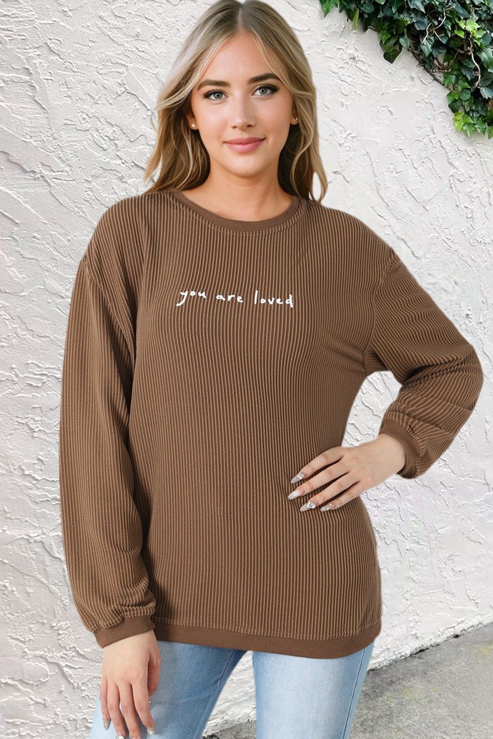 Kaki - Sweat-shirt en velours côtelé imprimé You Are Loved