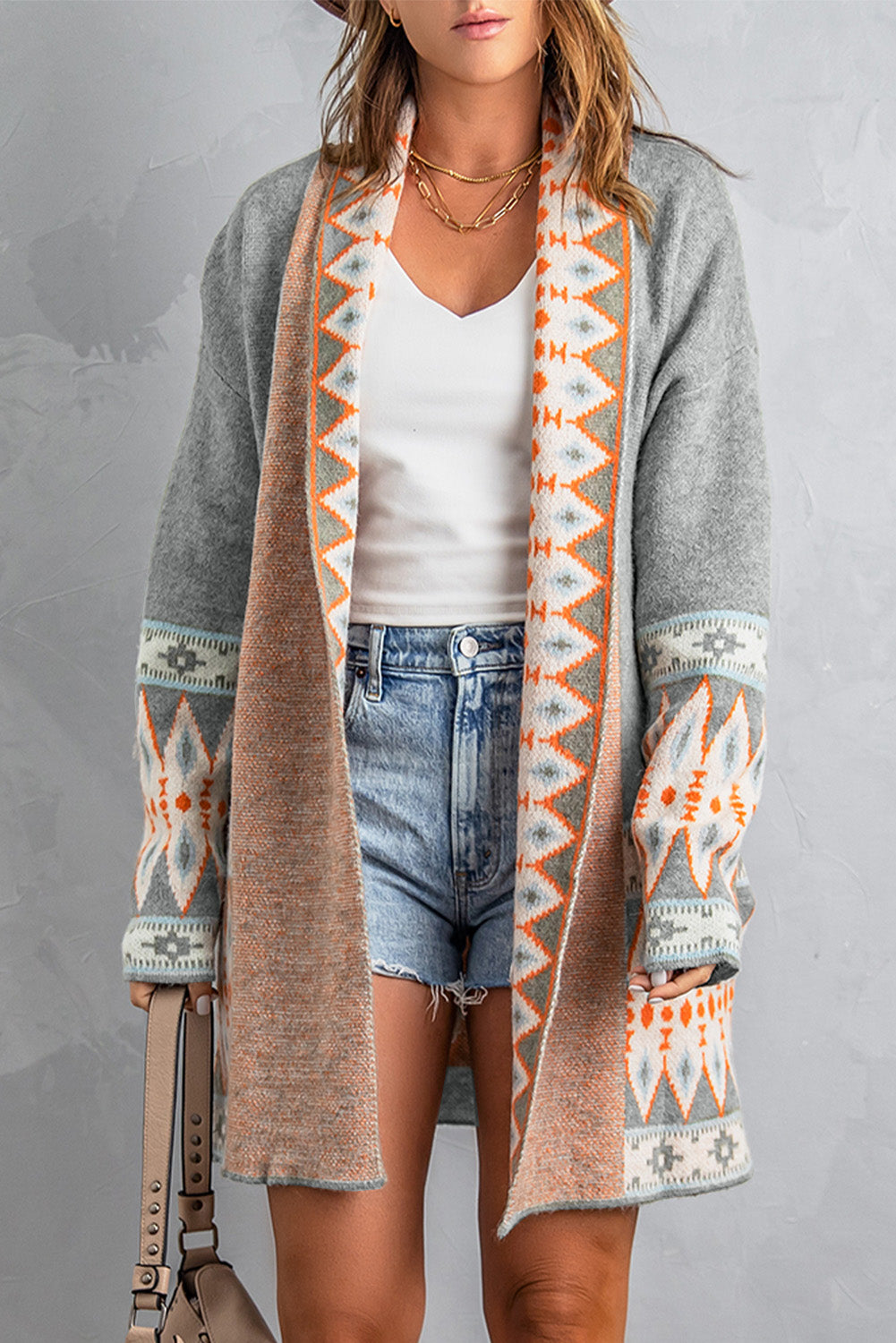 Orange Printed Aztec Print Open Front Knitted Cardigan