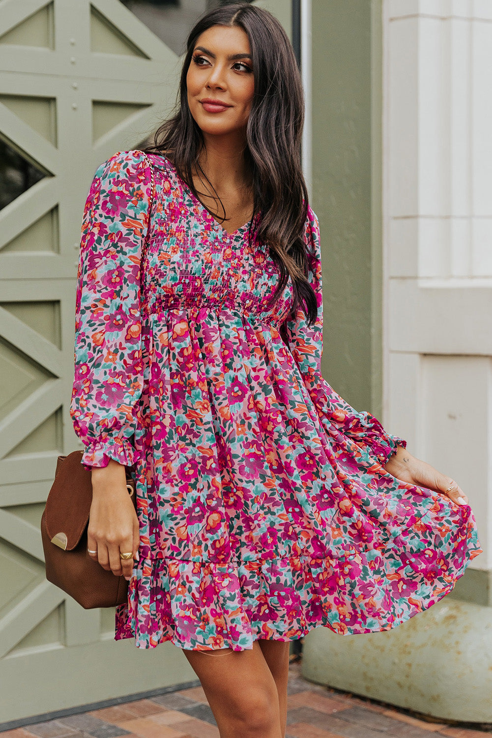 Smocked V Neck Puffy Sleeve Floral Dress