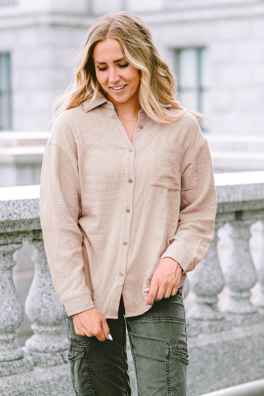 Crinkled Turn-down Collar Buttoned Shirt with Pocket