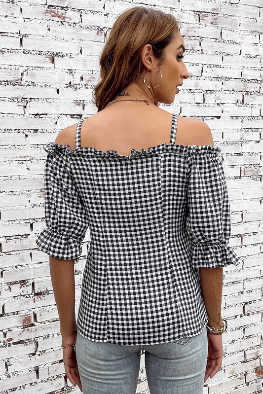 Sweetheart Gingham Button Down Cold Shoulder Blouse