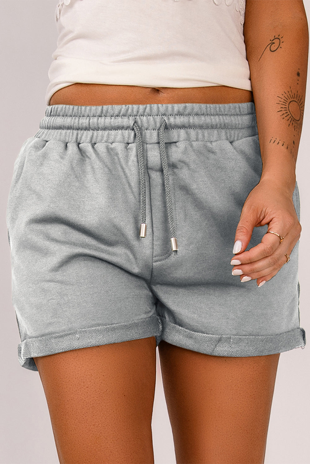 Tie Waist Side Pockets Cuffed Lounge Shorts