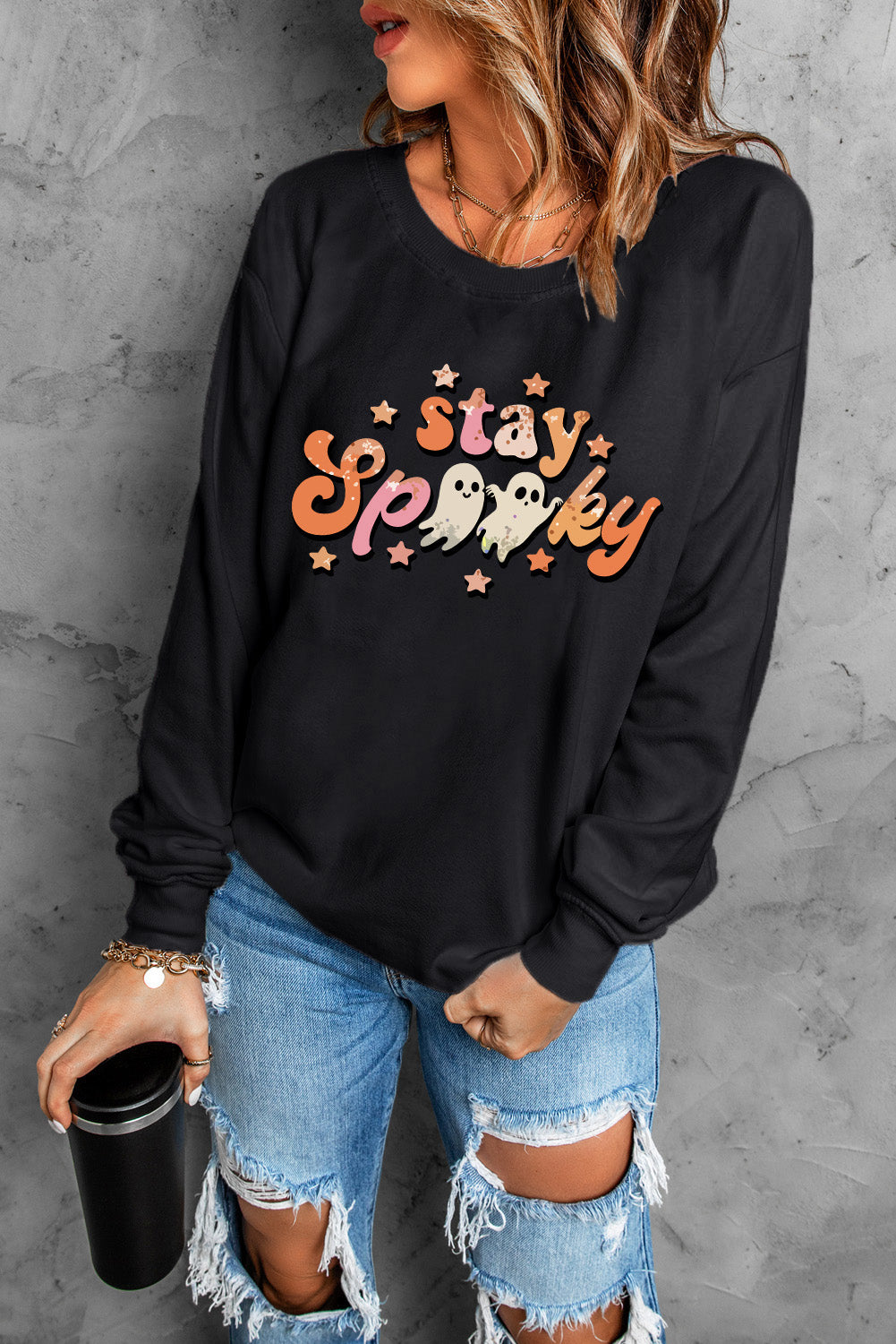 Orange Plain Crew Neck Pullover Sweatshirt