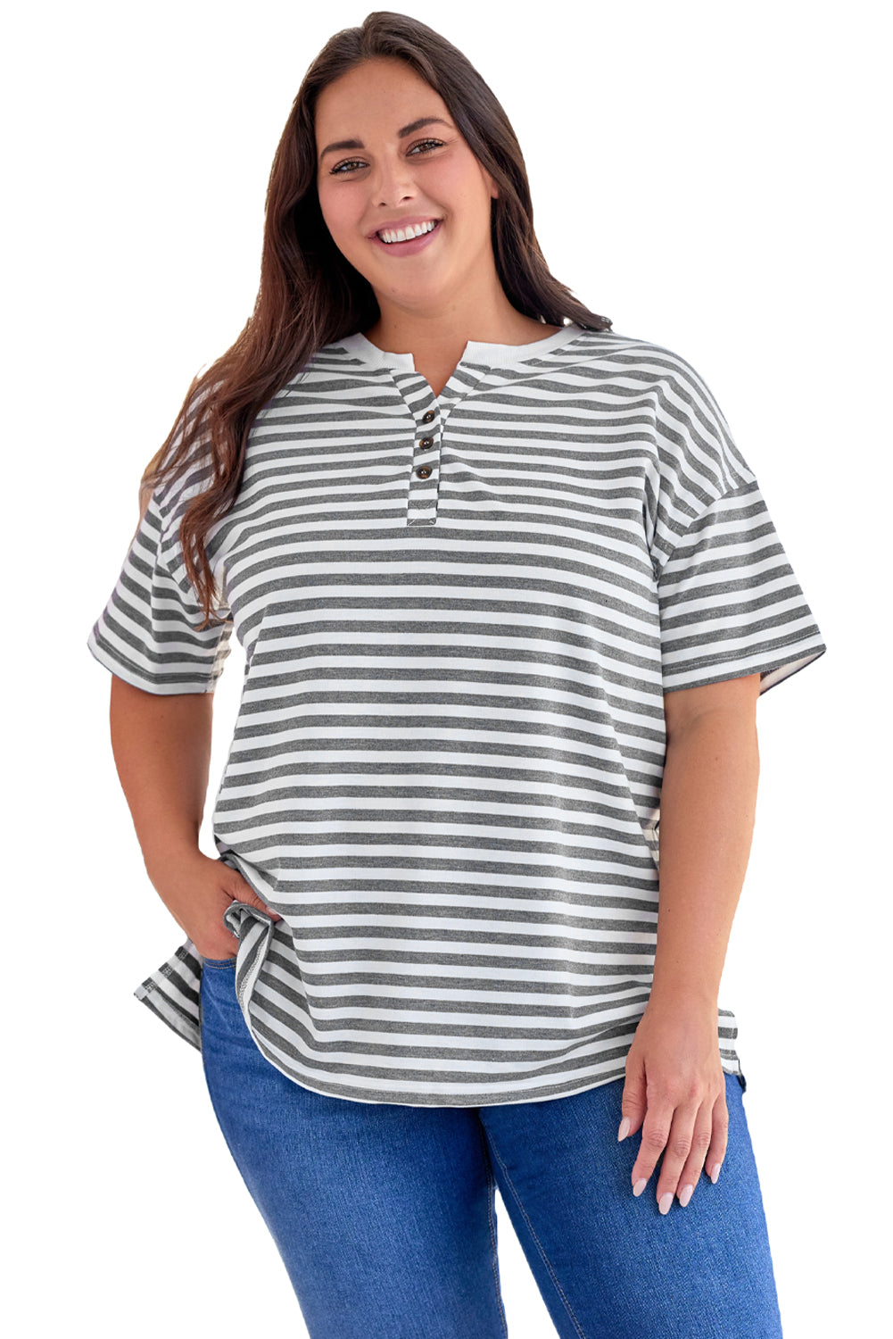 Plus Size Striped Short Sleeve Henley Tee