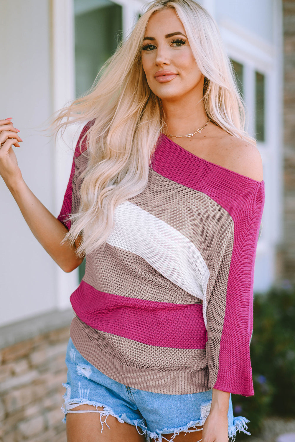 Contrast Stripe Knit Half Sleeve Sweater