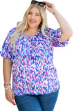 Plus Size Printed Round Neck Bubble Sleeve Blouse