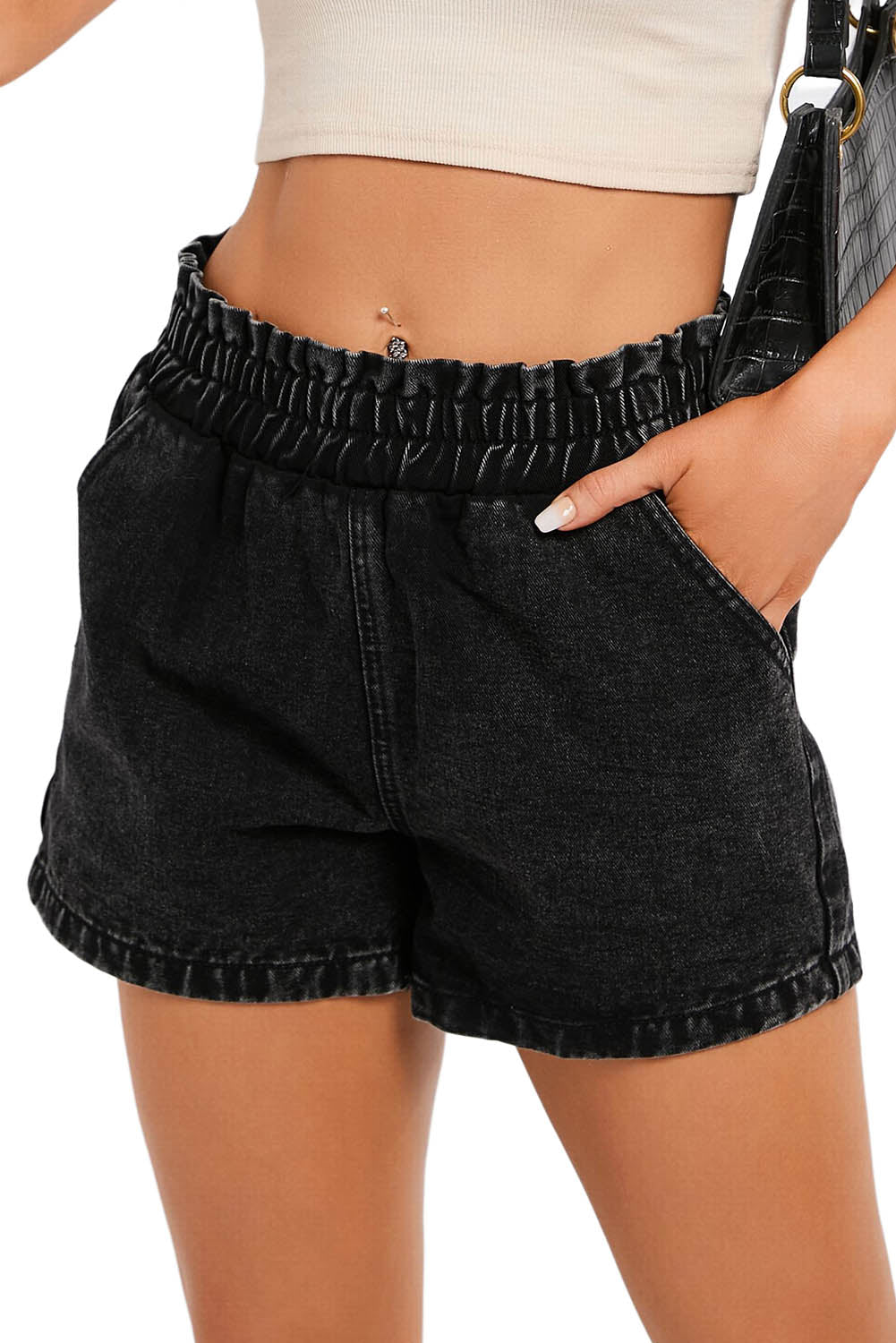 Short en denim taille haute élastique à volants rétro noir délavé à l'eau de Javel