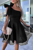 Black Bowtie One-shoulder Tulle Overlay Skater Dress