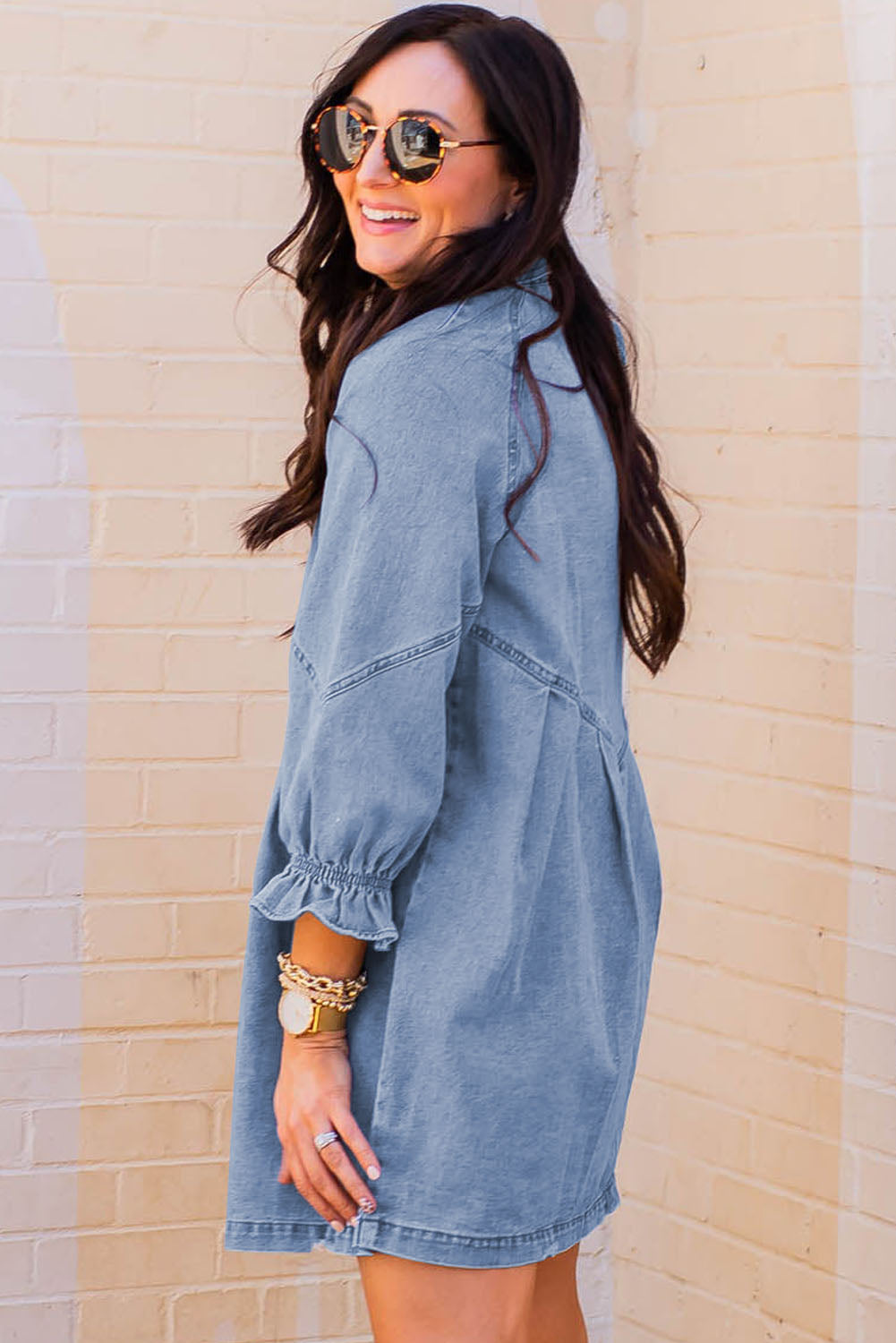 Gray Buttoned Long Sleeve Denim Mini Dress