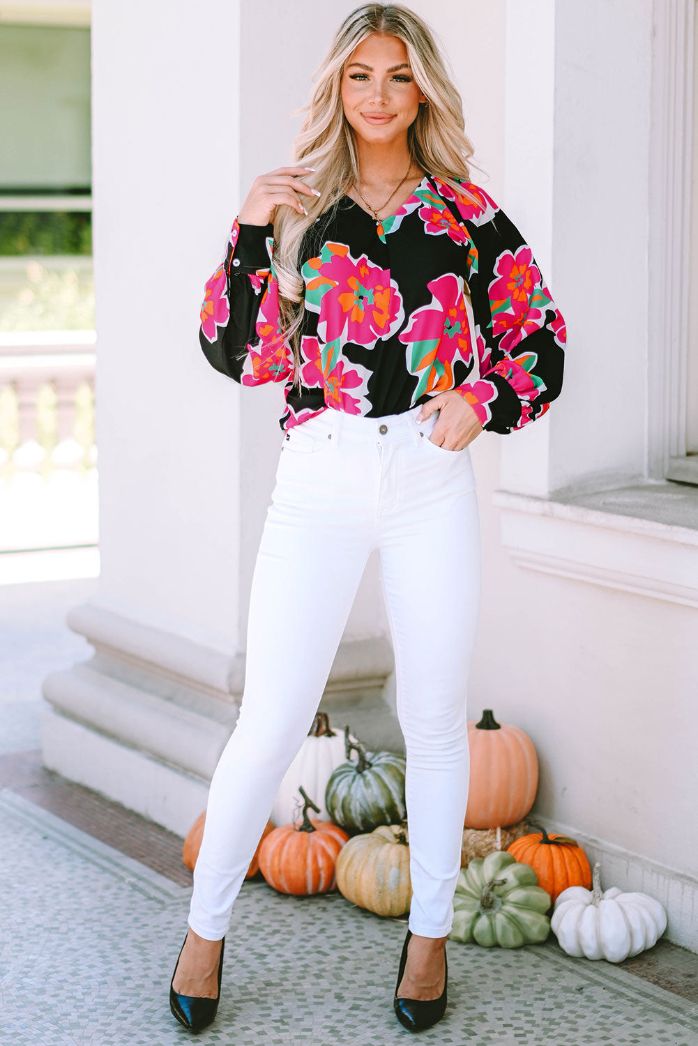 Black Flower Print Puff Sleeve Blouse