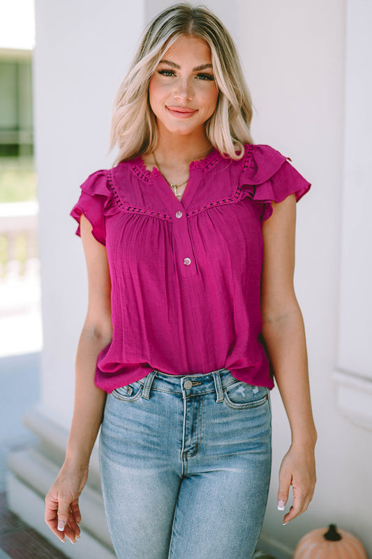 Lace Patchwork Buttoned Ruffled Sleeve Tank Top