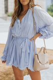 Pleated Ruffled Tie Waist Buttons V Neck Romper