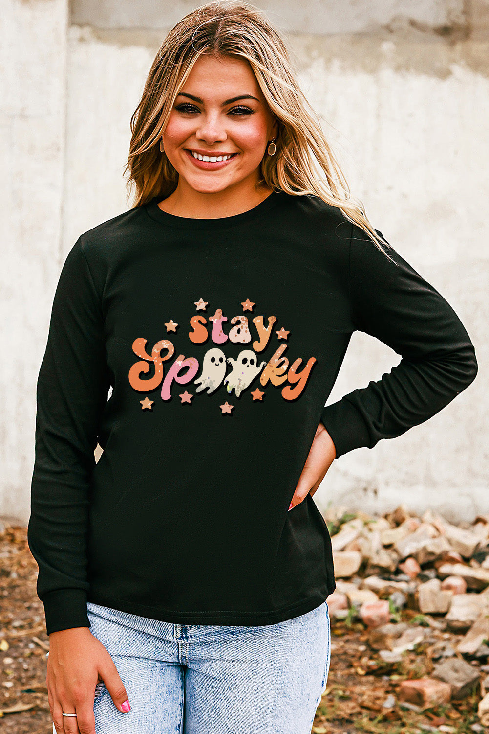 Orange Plain Crew Neck Pullover Sweatshirt