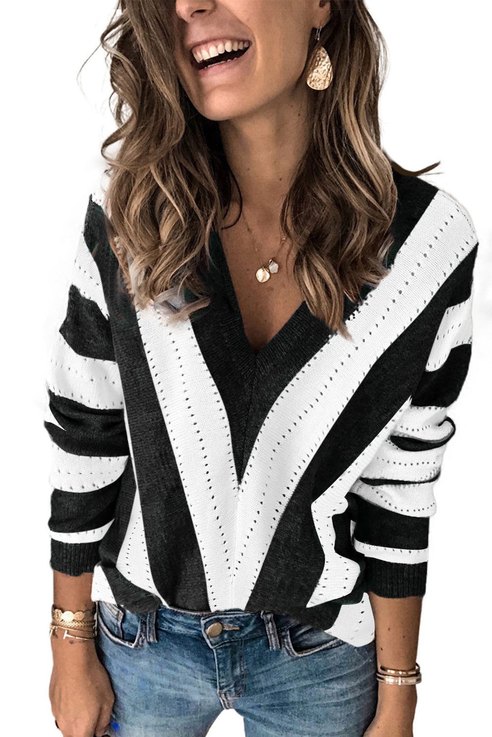 Striped Colorblock V Neck Knitted Sweater