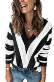 Striped Colorblock V Neck Knitted Sweater