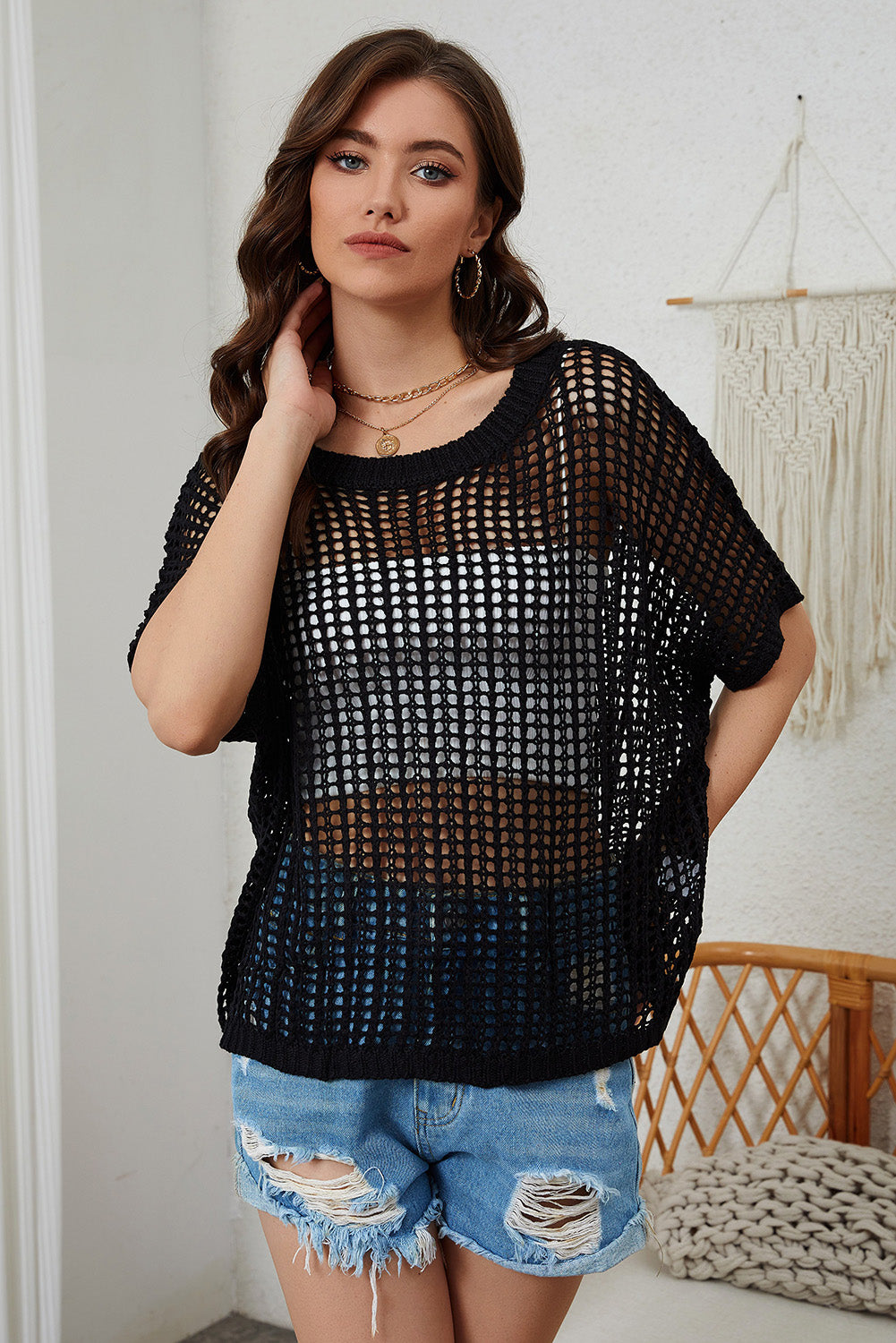 Whit Fishnet Knit Ribbed Round Neck Short Sleeve Sweater Tee