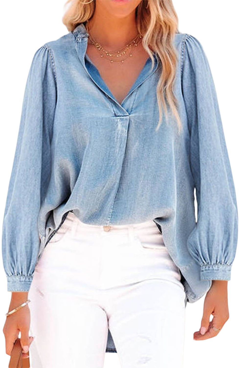 Split V-Neck Balloon Sleeve Ruched Denim Top