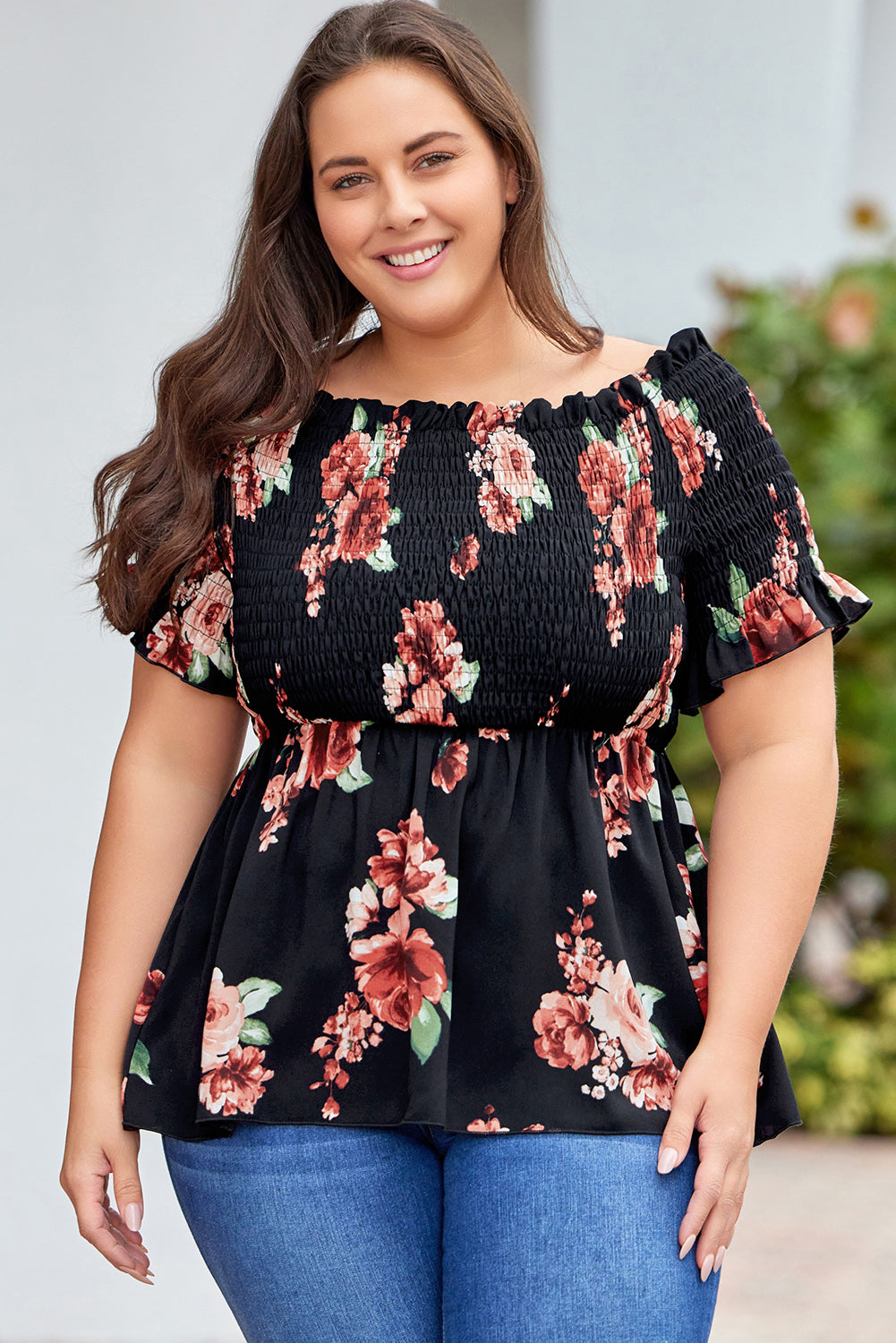 Floral Smocked Off Shoulder Plus Size Blouse