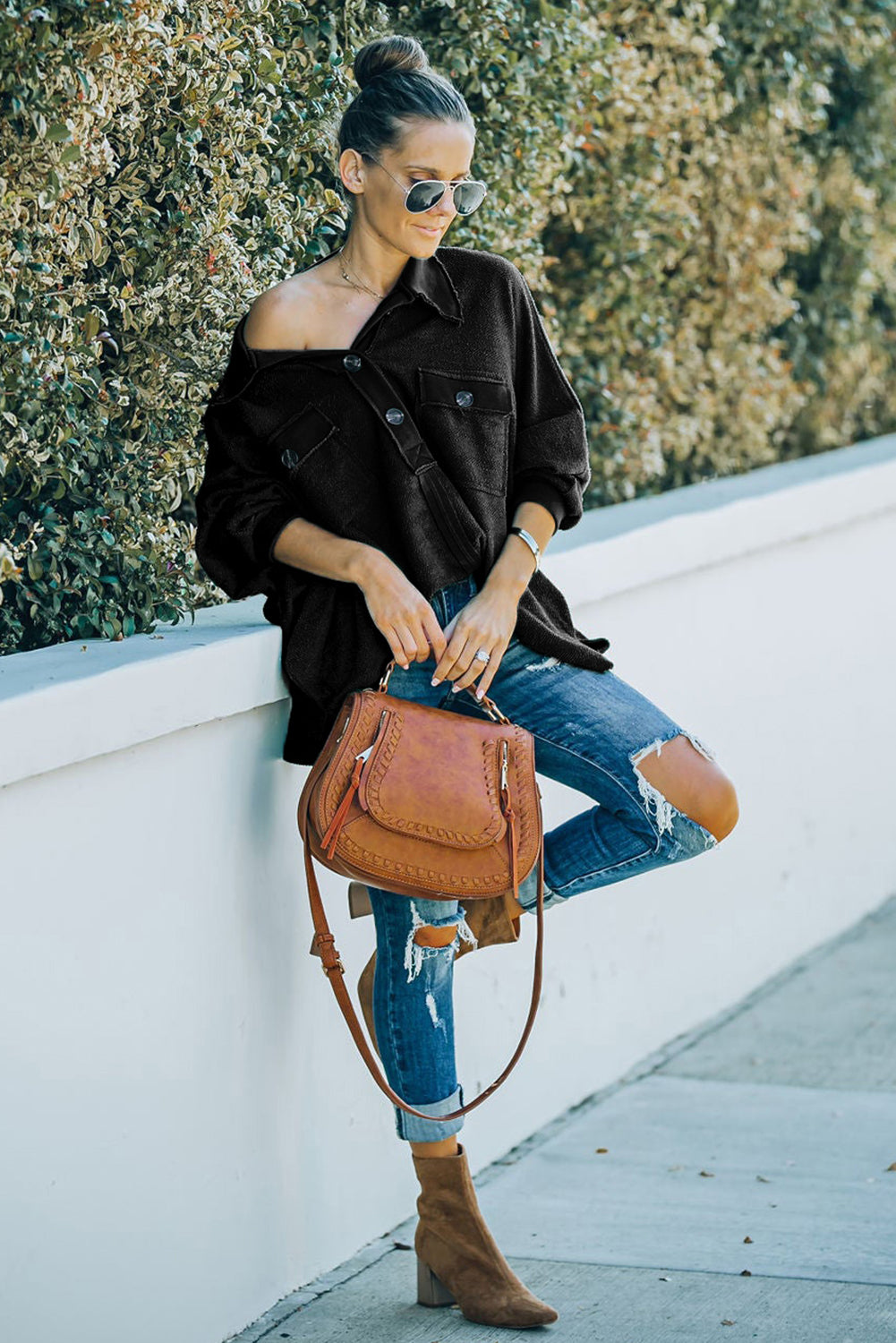 Polo Collar Buttoned Patchy Top with Pockets