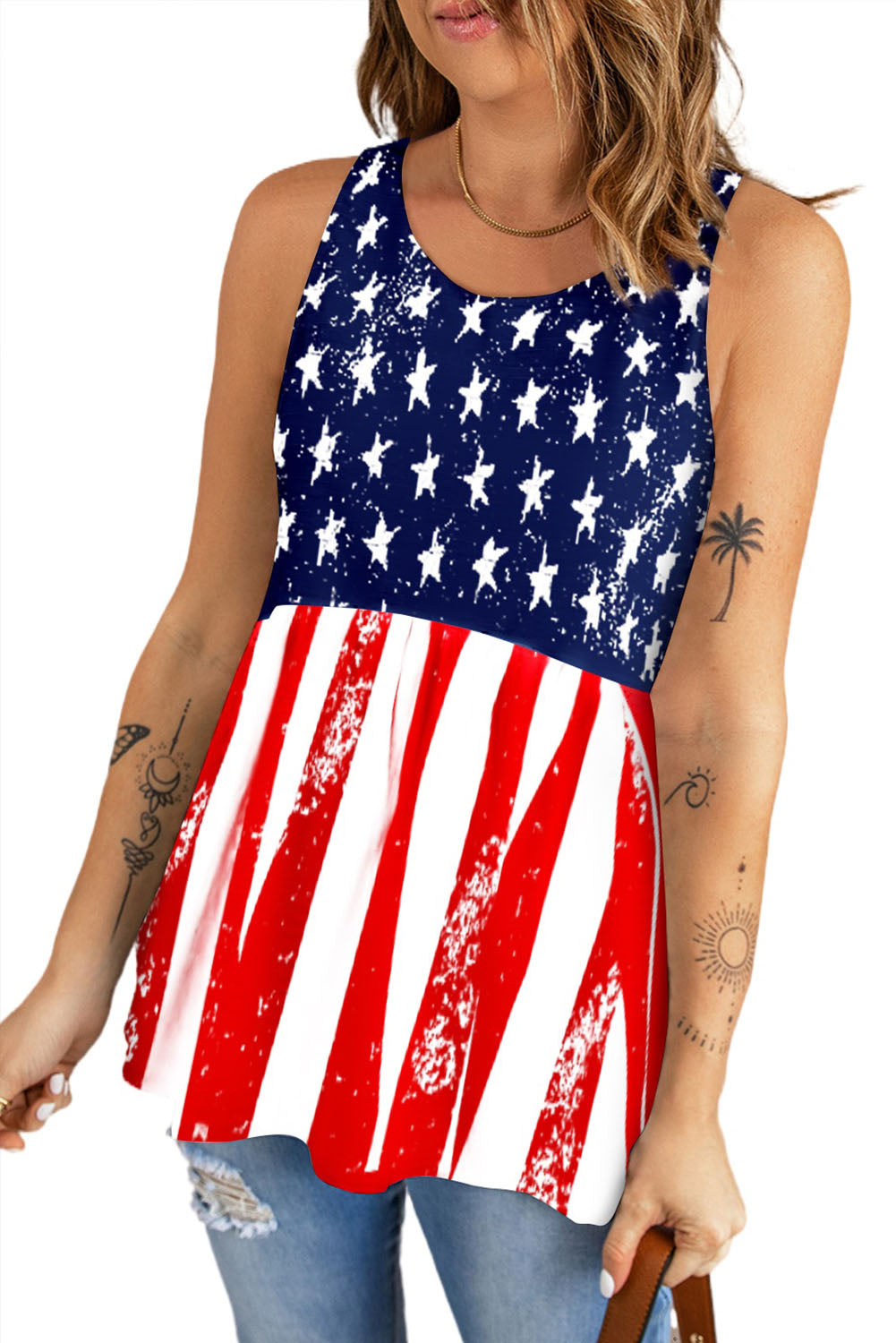 Stars Stripes Flag Print Longline Tank Top