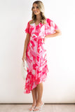 Abstract Print Asymmetric Ruffle Hem Belted Dress