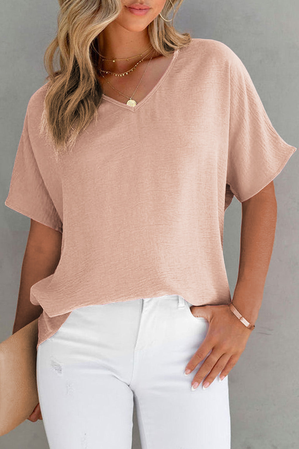 Solid V Neck Short Sleeve Blouse