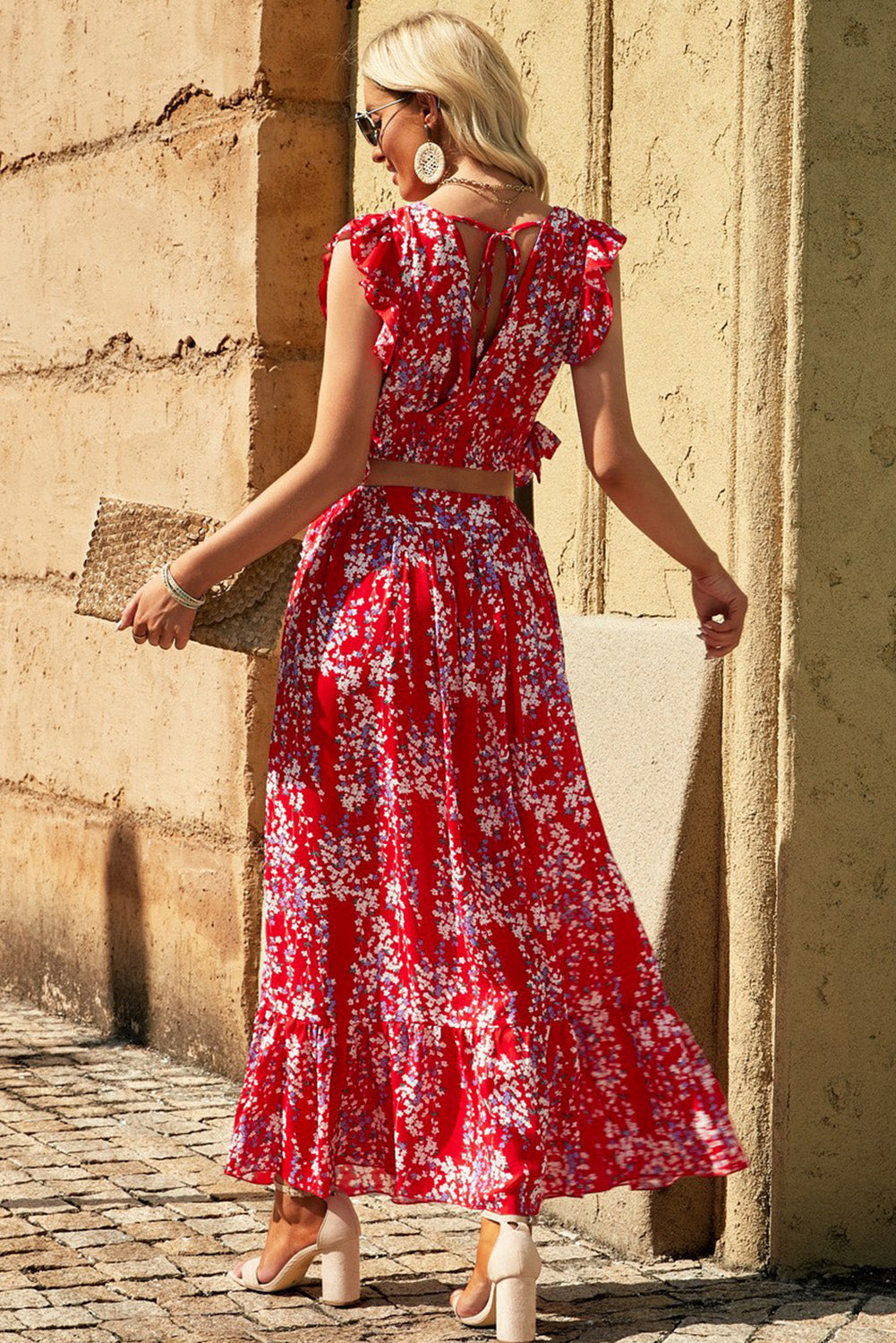 Floral Ruffled Crop Top and Maxi Skirt Set