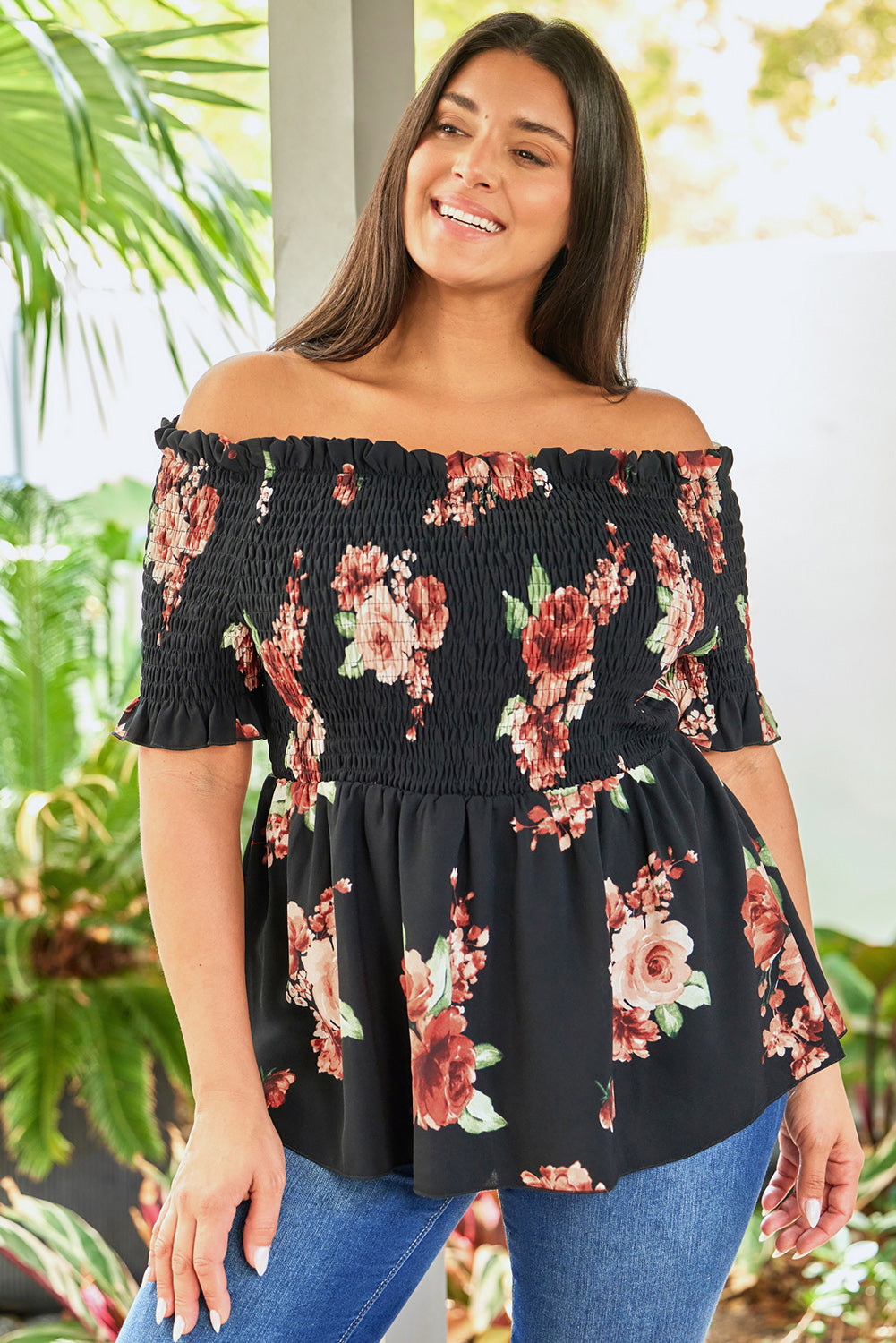 Floral Smocked Off Shoulder Plus Size Blouse