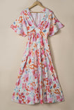 Robe longue multicolore à imprimé floral tropical froncé à col en V