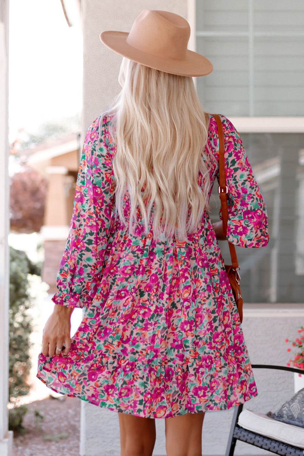 Smocked V Neck Puffy Sleeve Floral Dress