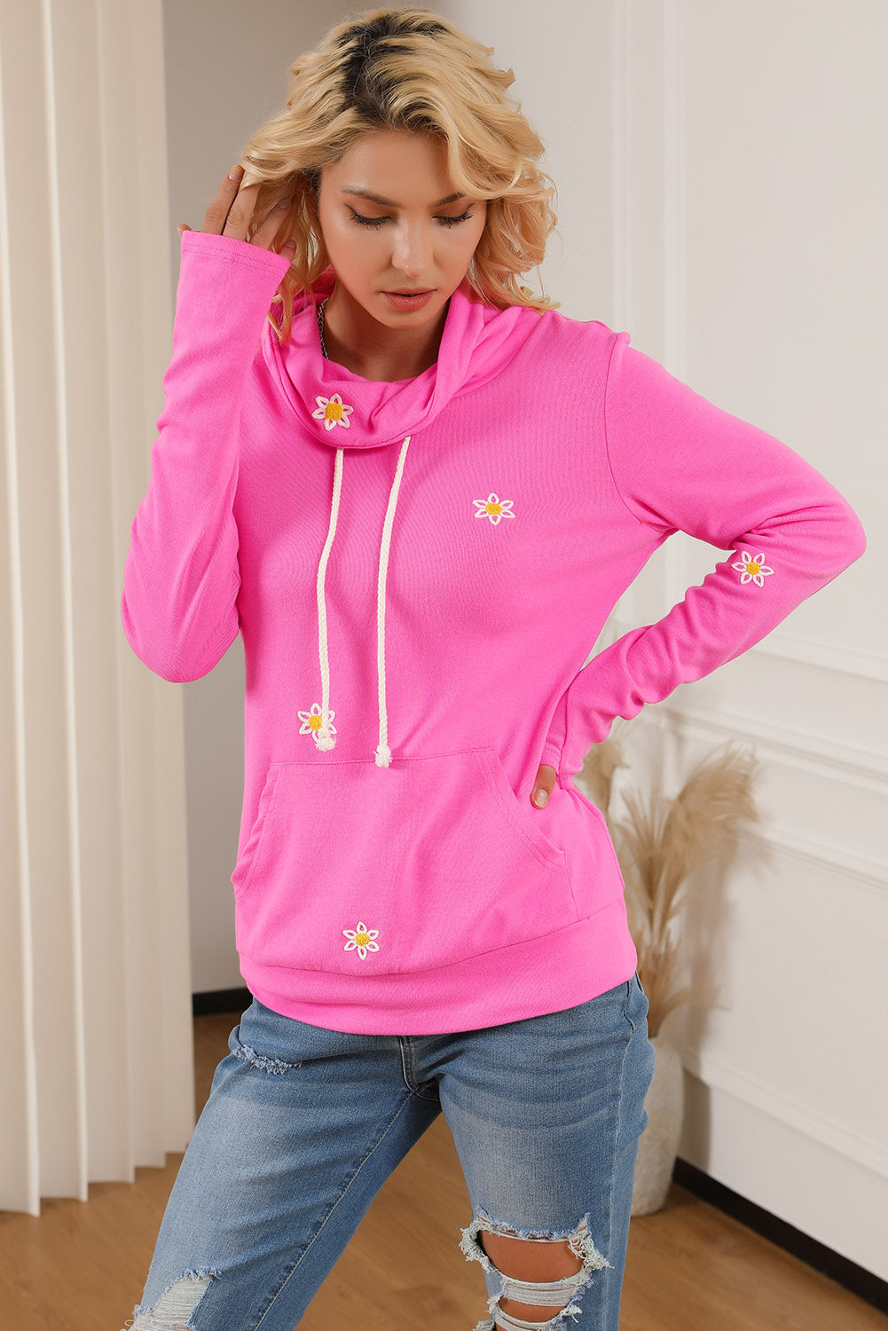 Flower Embroidered Thumbhole Sleeve Cowl Neck Sweatshirt