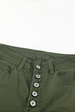 Green Plain High Waist Buttons Frayed Cropped Denim Jeans