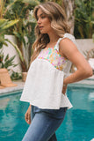 White Aztec Embroidered Square Neck Ruffle Tank Top