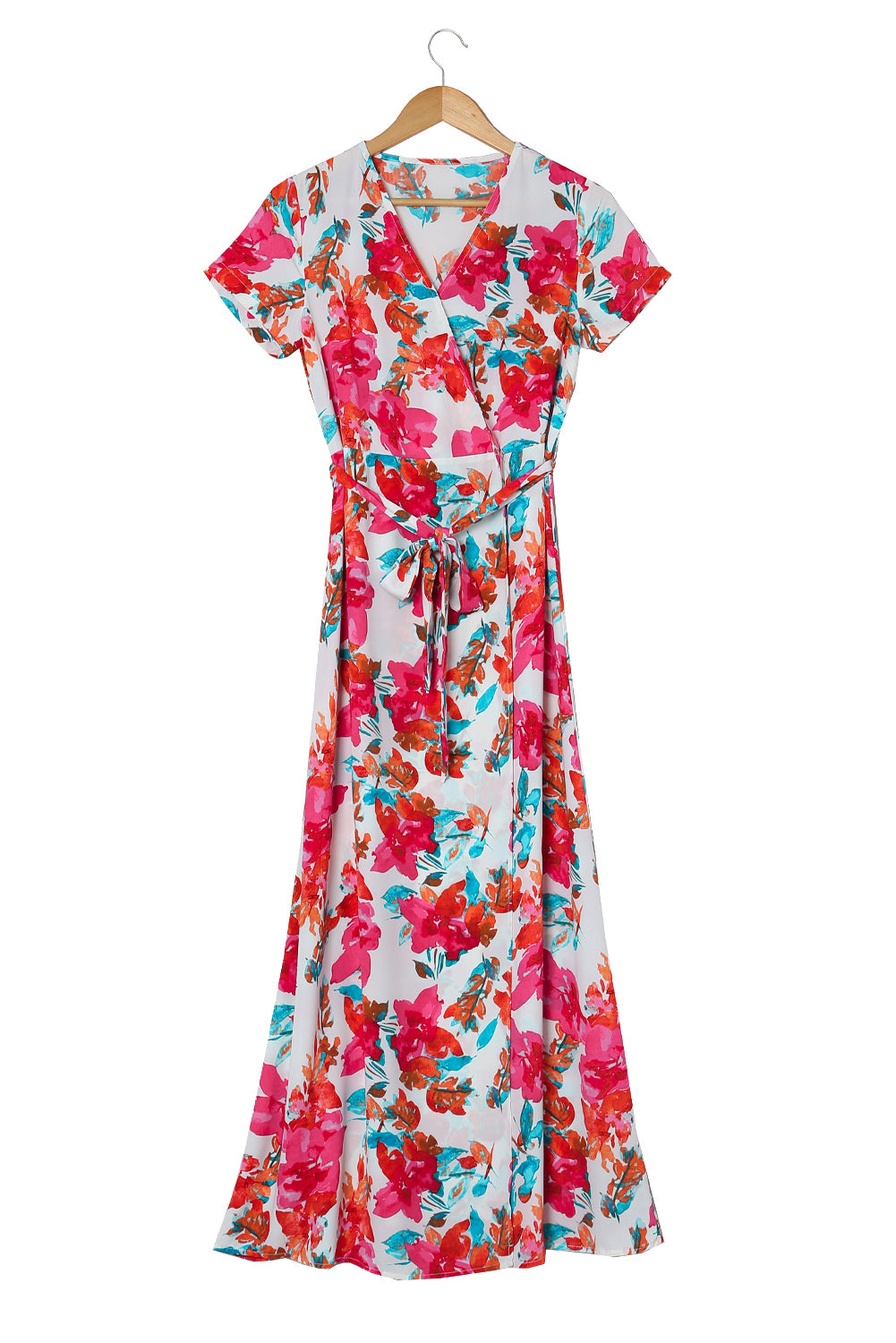 Robe longue florale à manches courtes et col en V Rose