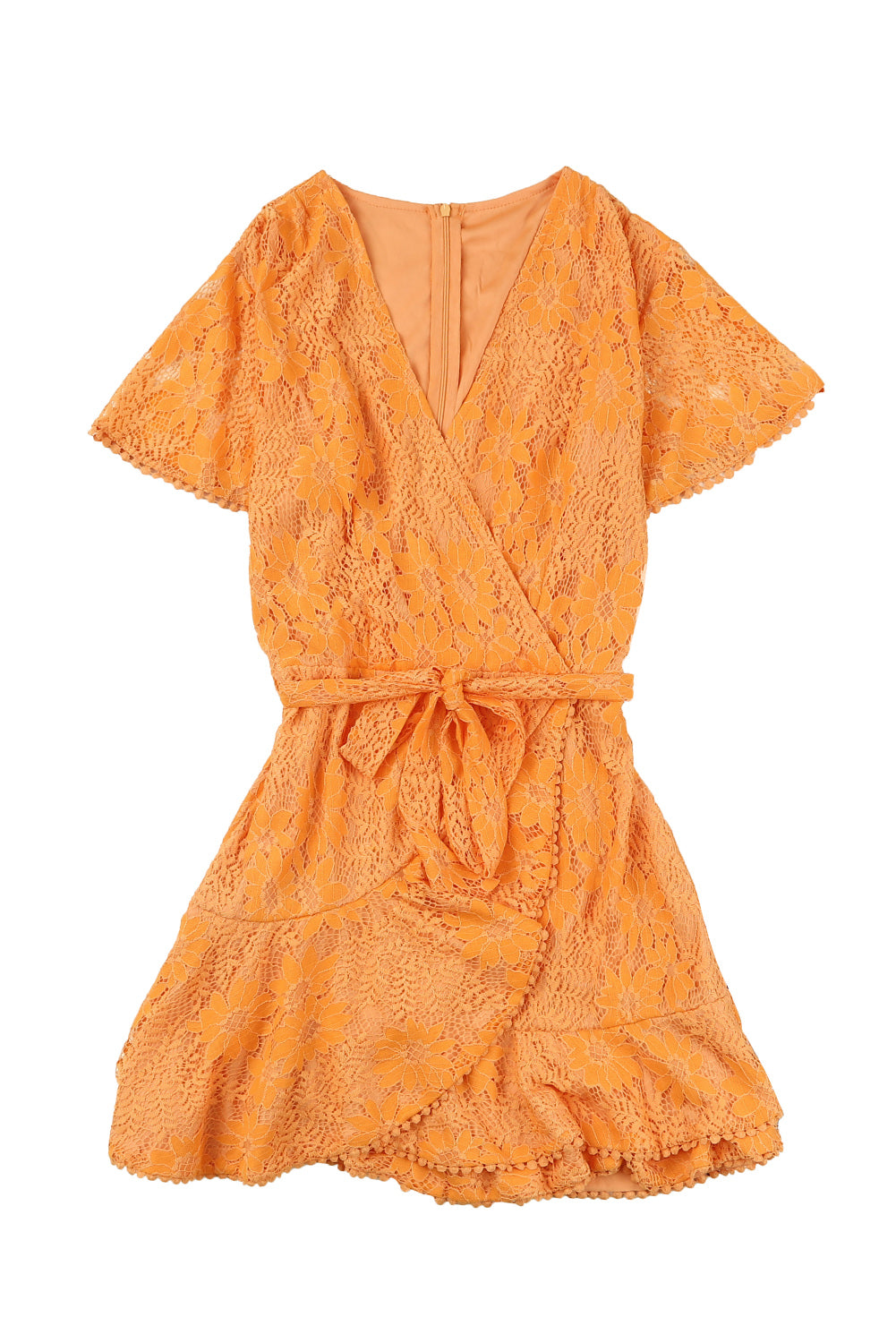 Robe courte orange en dentelle florale à col en V et manches flottantes