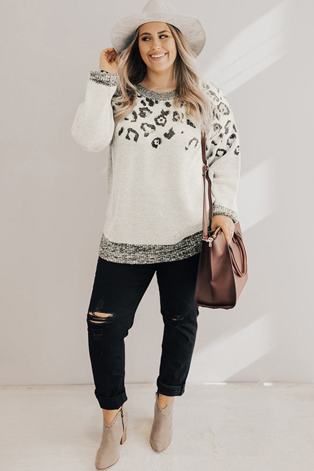 Leopard Knitted O-neck Plus Size Sweater