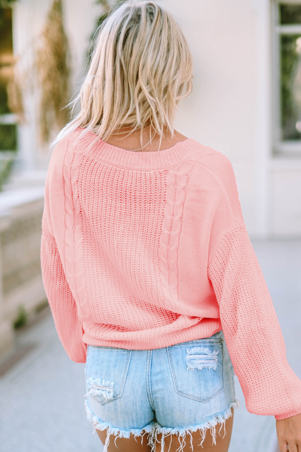 V-Neck Long Sleeve Cable Knit Sweater